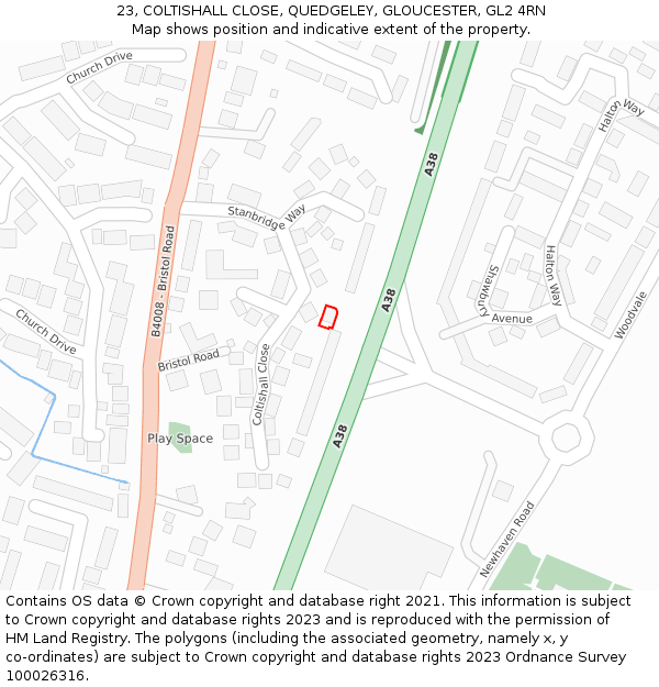 23, COLTISHALL CLOSE, QUEDGELEY, GLOUCESTER, GL2 4RN: Location map and indicative extent of plot