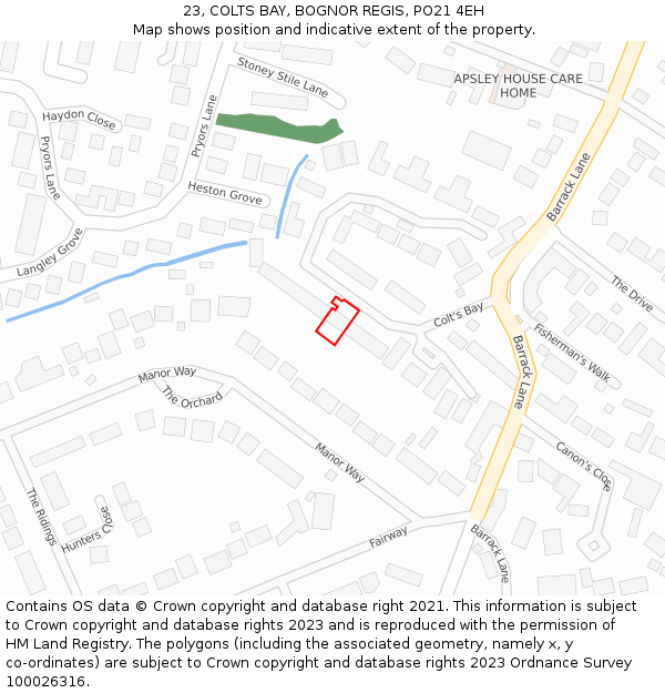 23, COLTS BAY, BOGNOR REGIS, PO21 4EH: Location map and indicative extent of plot