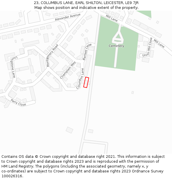 23, COLUMBUS LANE, EARL SHILTON, LEICESTER, LE9 7JR: Location map and indicative extent of plot