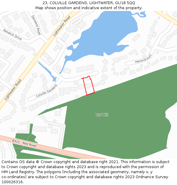 23, COLVILLE GARDENS, LIGHTWATER, GU18 5QQ: Location map and indicative extent of plot