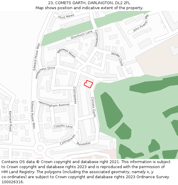 23, COMETS GARTH, DARLINGTON, DL2 2FL: Location map and indicative extent of plot