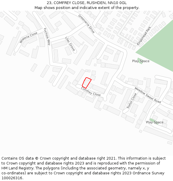 23, COMFREY CLOSE, RUSHDEN, NN10 0GL: Location map and indicative extent of plot