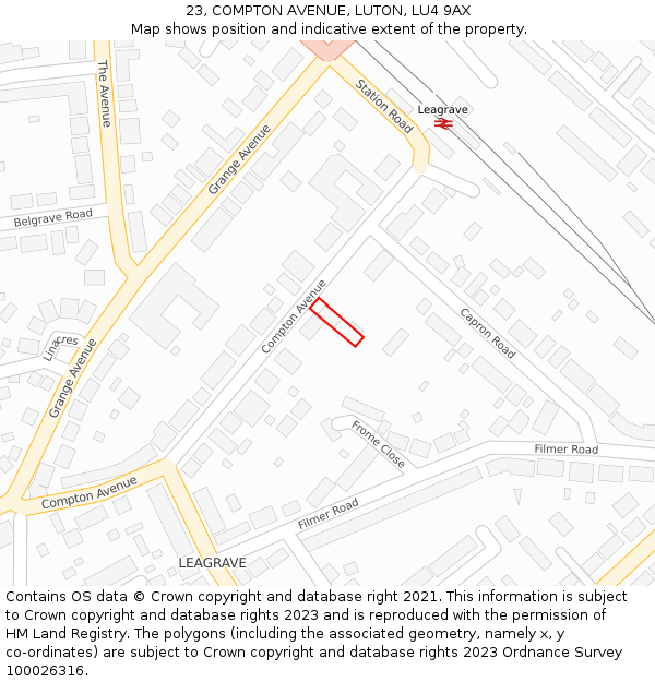 23, COMPTON AVENUE, LUTON, LU4 9AX: Location map and indicative extent of plot