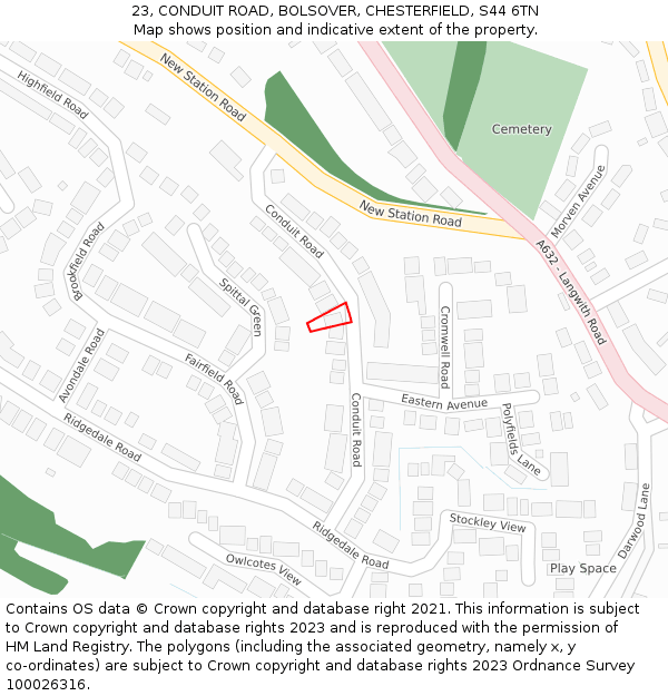 23, CONDUIT ROAD, BOLSOVER, CHESTERFIELD, S44 6TN: Location map and indicative extent of plot