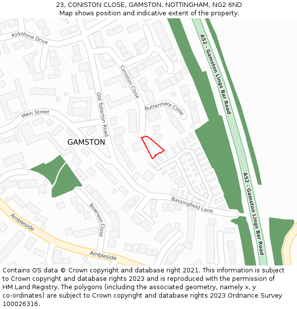 23, CONISTON CLOSE, GAMSTON, NOTTINGHAM, NG2 6ND: Location map and indicative extent of plot