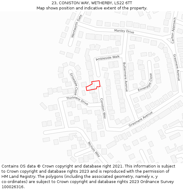 23, CONISTON WAY, WETHERBY, LS22 6TT: Location map and indicative extent of plot