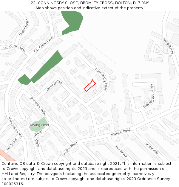 23, CONNINGSBY CLOSE, BROMLEY CROSS, BOLTON, BL7 9NY: Location map and indicative extent of plot