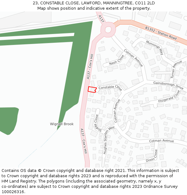 23, CONSTABLE CLOSE, LAWFORD, MANNINGTREE, CO11 2LD: Location map and indicative extent of plot