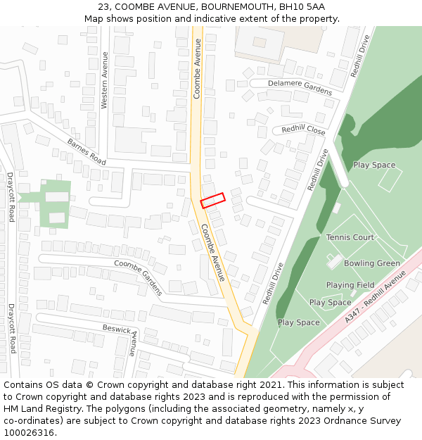 23, COOMBE AVENUE, BOURNEMOUTH, BH10 5AA: Location map and indicative extent of plot