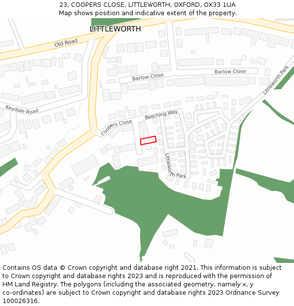 23, COOPERS CLOSE, LITTLEWORTH, OXFORD, OX33 1UA: Location map and indicative extent of plot