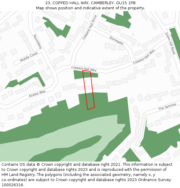 23, COPPED HALL WAY, CAMBERLEY, GU15 1PB: Location map and indicative extent of plot