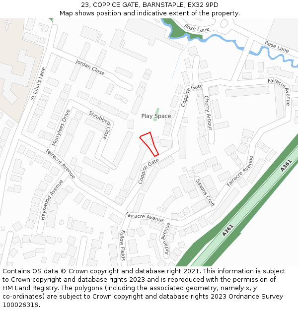 23, COPPICE GATE, BARNSTAPLE, EX32 9PD: Location map and indicative extent of plot