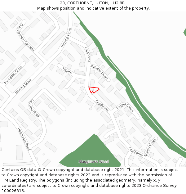 23, COPTHORNE, LUTON, LU2 8RL: Location map and indicative extent of plot