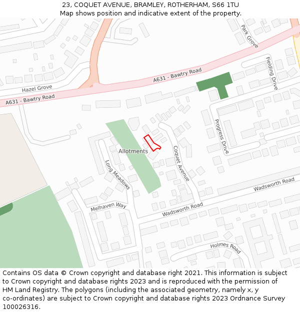 23, COQUET AVENUE, BRAMLEY, ROTHERHAM, S66 1TU: Location map and indicative extent of plot