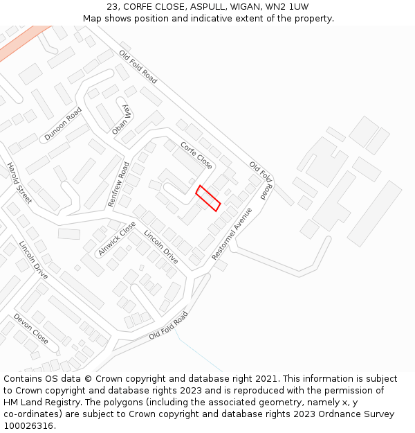 23, CORFE CLOSE, ASPULL, WIGAN, WN2 1UW: Location map and indicative extent of plot