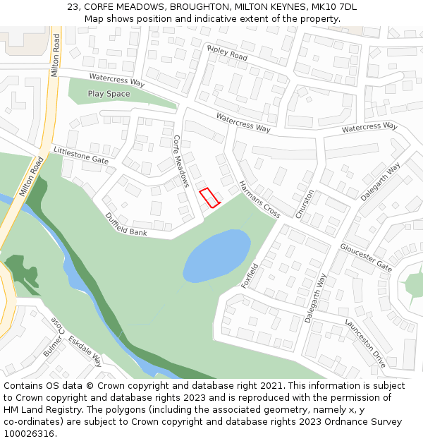 23, CORFE MEADOWS, BROUGHTON, MILTON KEYNES, MK10 7DL: Location map and indicative extent of plot