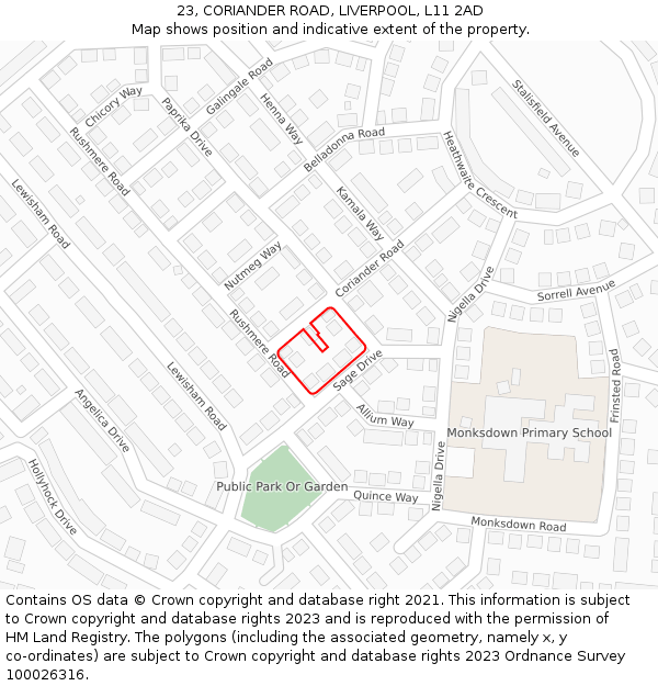 23, CORIANDER ROAD, LIVERPOOL, L11 2AD: Location map and indicative extent of plot