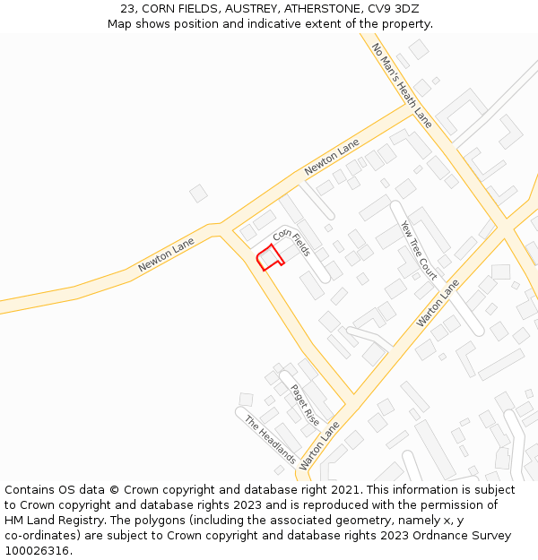 23, CORN FIELDS, AUSTREY, ATHERSTONE, CV9 3DZ: Location map and indicative extent of plot