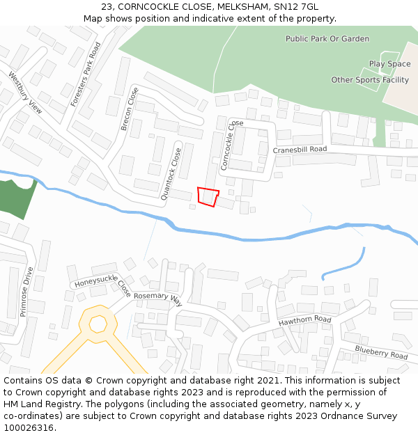 23, CORNCOCKLE CLOSE, MELKSHAM, SN12 7GL: Location map and indicative extent of plot