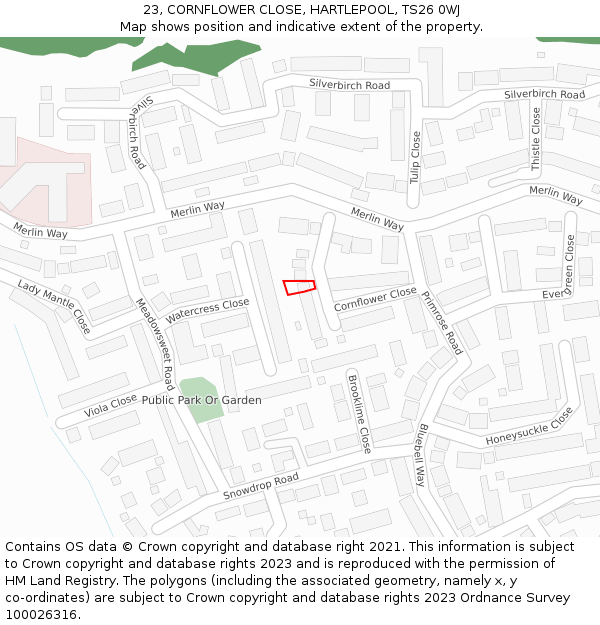 23, CORNFLOWER CLOSE, HARTLEPOOL, TS26 0WJ: Location map and indicative extent of plot