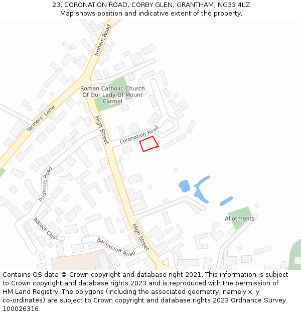 23, CORONATION ROAD, CORBY GLEN, GRANTHAM, NG33 4LZ: Location map and indicative extent of plot
