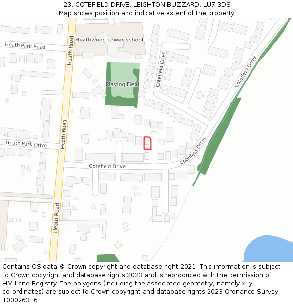 23, COTEFIELD DRIVE, LEIGHTON BUZZARD, LU7 3DS: Location map and indicative extent of plot