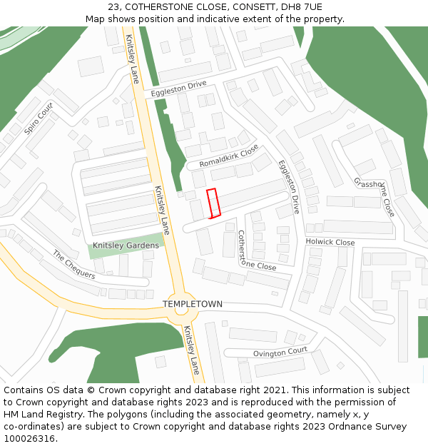23, COTHERSTONE CLOSE, CONSETT, DH8 7UE: Location map and indicative extent of plot