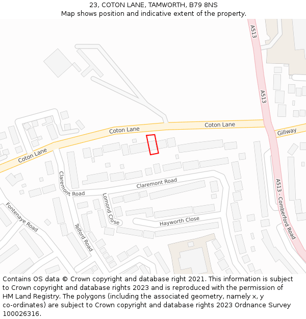 23, COTON LANE, TAMWORTH, B79 8NS: Location map and indicative extent of plot