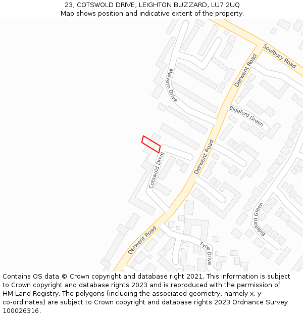 23, COTSWOLD DRIVE, LEIGHTON BUZZARD, LU7 2UQ: Location map and indicative extent of plot