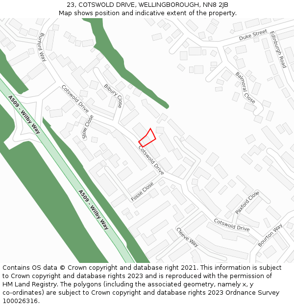 23, COTSWOLD DRIVE, WELLINGBOROUGH, NN8 2JB: Location map and indicative extent of plot