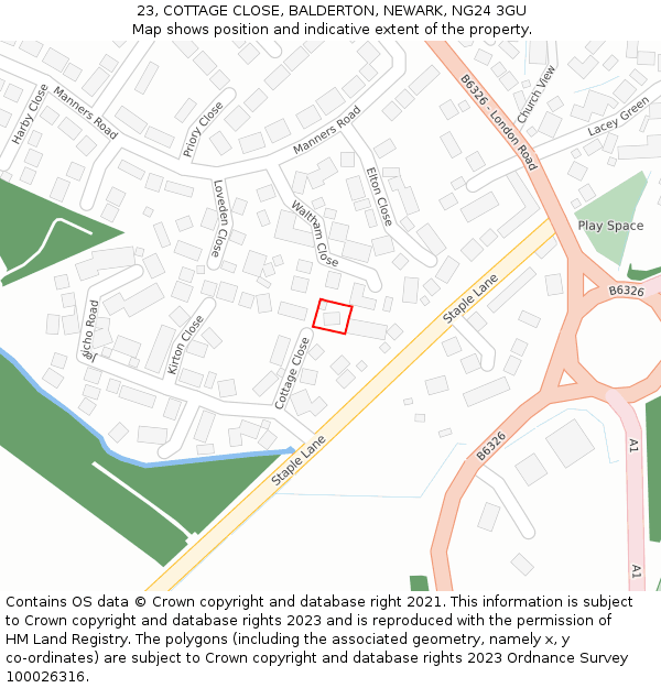 23, COTTAGE CLOSE, BALDERTON, NEWARK, NG24 3GU: Location map and indicative extent of plot