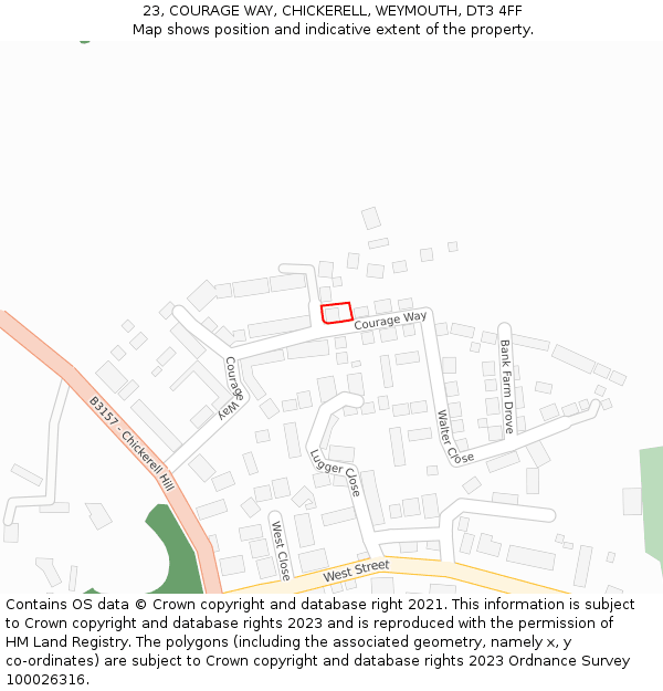 23, COURAGE WAY, CHICKERELL, WEYMOUTH, DT3 4FF: Location map and indicative extent of plot