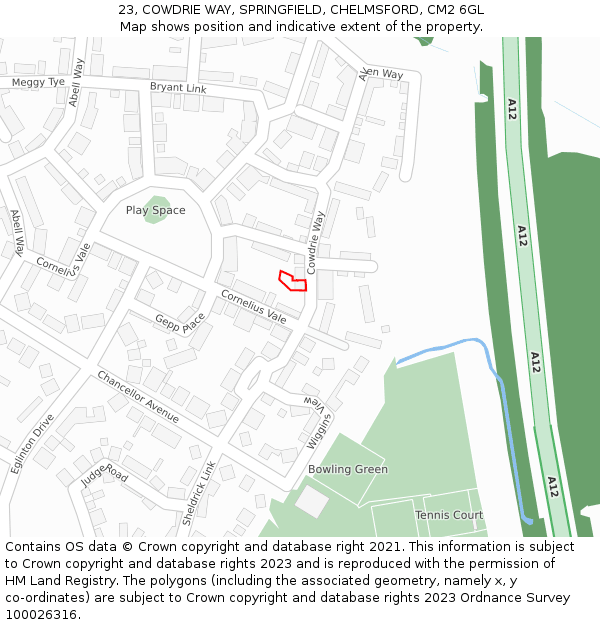 23, COWDRIE WAY, SPRINGFIELD, CHELMSFORD, CM2 6GL: Location map and indicative extent of plot