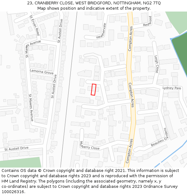 23, CRANBERRY CLOSE, WEST BRIDGFORD, NOTTINGHAM, NG2 7TQ: Location map and indicative extent of plot