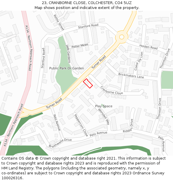 23, CRANBORNE CLOSE, COLCHESTER, CO4 5UZ: Location map and indicative extent of plot