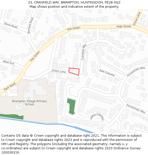 23, CRANFIELD WAY, BRAMPTON, HUNTINGDON, PE28 4QZ: Location map and indicative extent of plot
