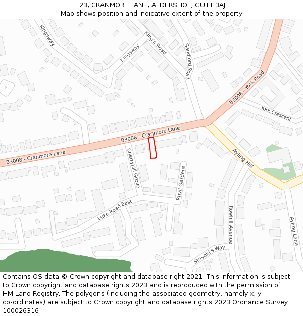 23, CRANMORE LANE, ALDERSHOT, GU11 3AJ: Location map and indicative extent of plot