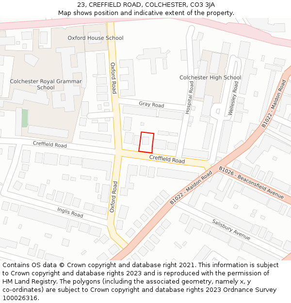 23, CREFFIELD ROAD, COLCHESTER, CO3 3JA: Location map and indicative extent of plot