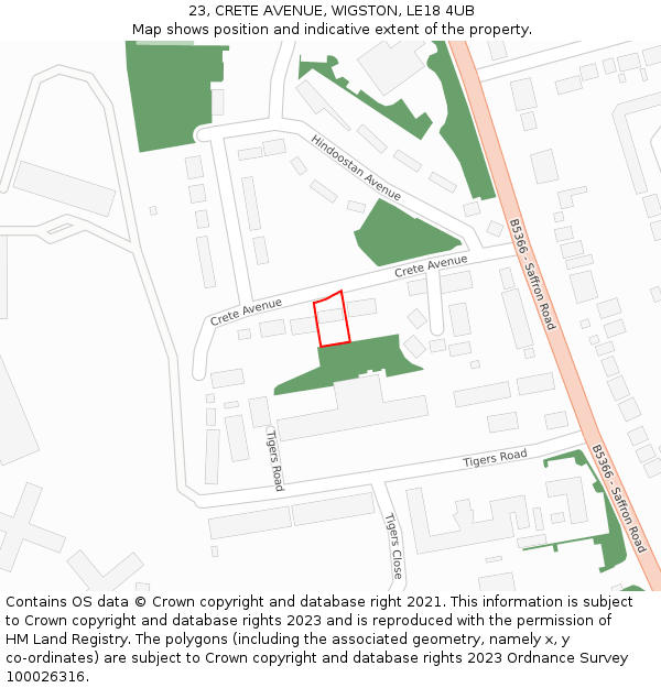 23, CRETE AVENUE, WIGSTON, LE18 4UB: Location map and indicative extent of plot