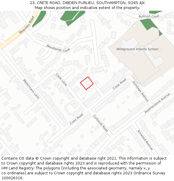 23, CRETE ROAD, DIBDEN PURLIEU, SOUTHAMPTON, SO45 4JX: Location map and indicative extent of plot