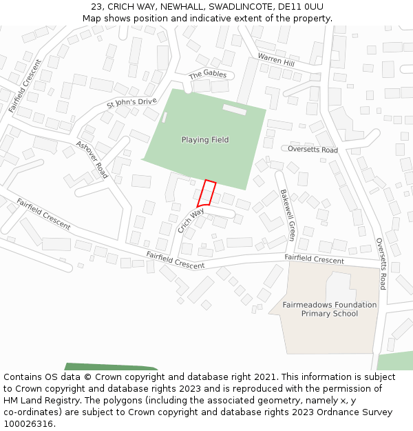 23, CRICH WAY, NEWHALL, SWADLINCOTE, DE11 0UU: Location map and indicative extent of plot