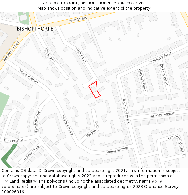 23, CROFT COURT, BISHOPTHORPE, YORK, YO23 2RU: Location map and indicative extent of plot