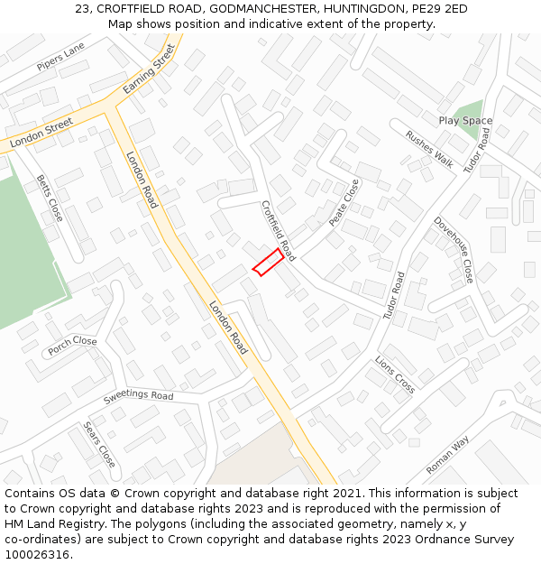 23, CROFTFIELD ROAD, GODMANCHESTER, HUNTINGDON, PE29 2ED: Location map and indicative extent of plot