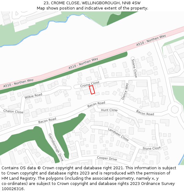 23, CROME CLOSE, WELLINGBOROUGH, NN8 4SW: Location map and indicative extent of plot
