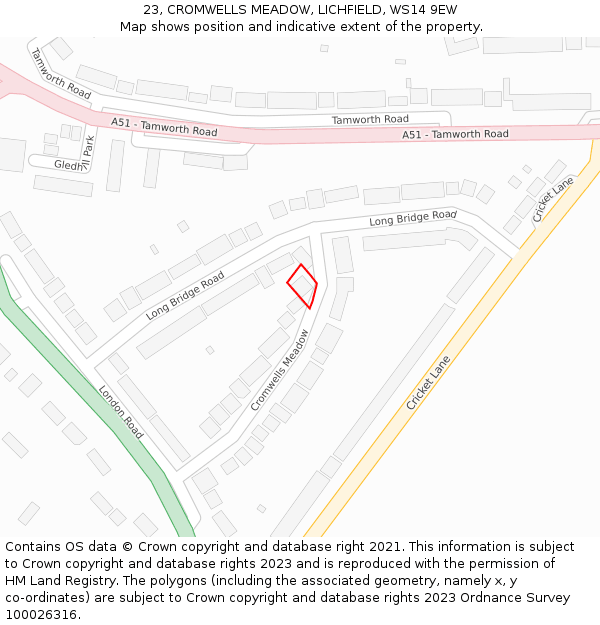23, CROMWELLS MEADOW, LICHFIELD, WS14 9EW: Location map and indicative extent of plot