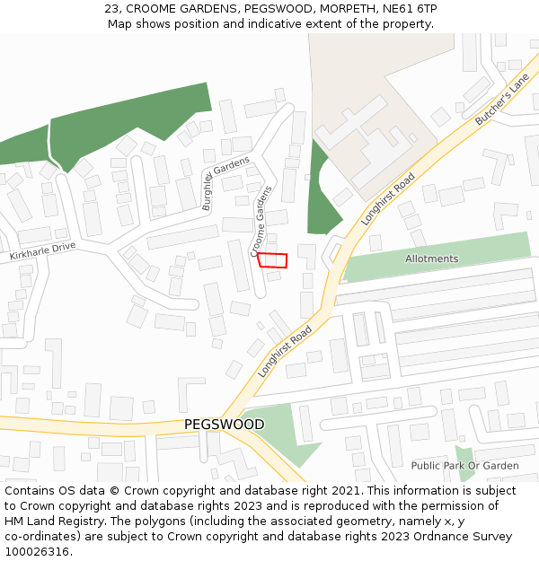 23, CROOME GARDENS, PEGSWOOD, MORPETH, NE61 6TP: Location map and indicative extent of plot