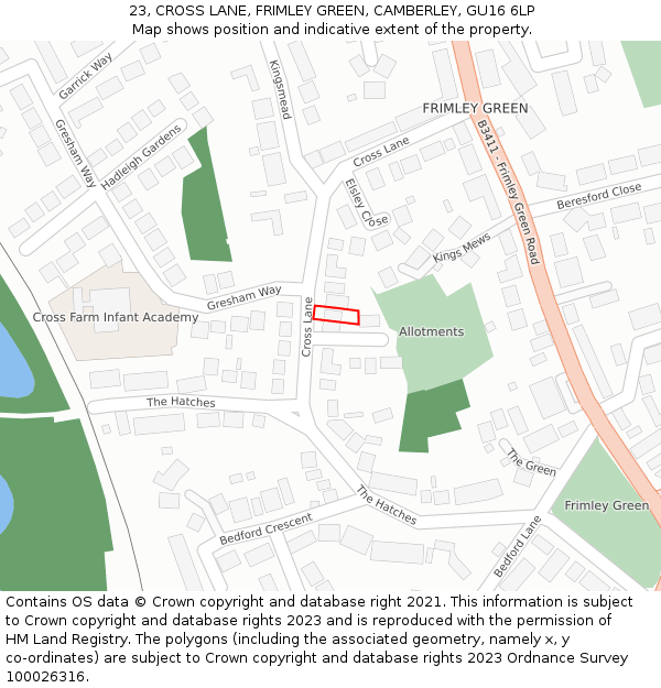 23, CROSS LANE, FRIMLEY GREEN, CAMBERLEY, GU16 6LP: Location map and indicative extent of plot