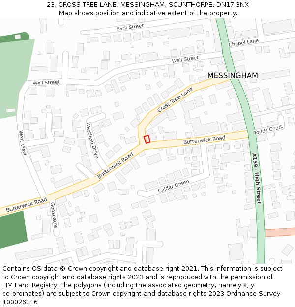 23, CROSS TREE LANE, MESSINGHAM, SCUNTHORPE, DN17 3NX: Location map and indicative extent of plot