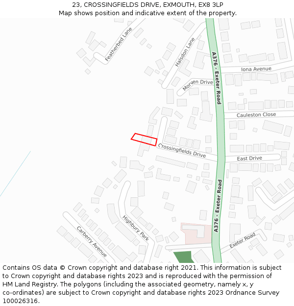 23, CROSSINGFIELDS DRIVE, EXMOUTH, EX8 3LP: Location map and indicative extent of plot