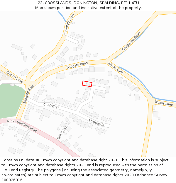 23, CROSSLANDS, DONINGTON, SPALDING, PE11 4TU: Location map and indicative extent of plot